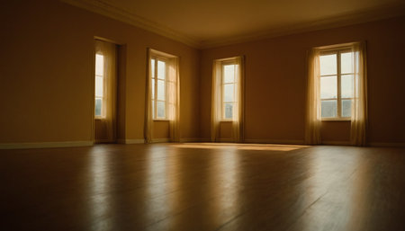 Interior of an empty room with windows and parquet floor.の素材