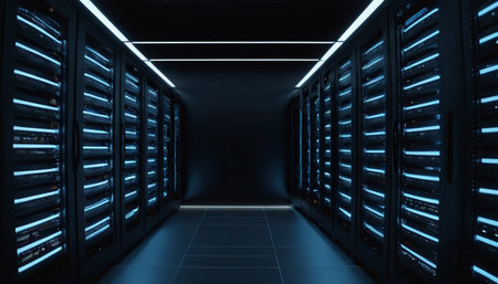 Server room data center. Datacenter hardware cluster. Backup, mining, hosting, mainframe, farm and computer rack with storage information. 3d renderの素材