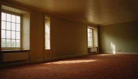 Interior of an empty room with a window in the sunlight.の素材