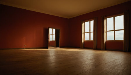 Empty room with red walls and wooden floor. 3d rendering.の素材