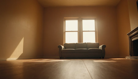 Interior of a living room with a sofa and a window.の素材