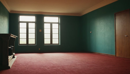 Interior of an empty room with a carpet and a wooden doorの素材