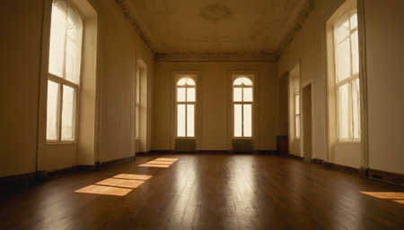 Interior of an empty room with a window and parquet floorの素材