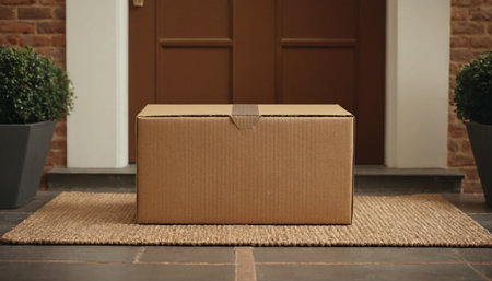 Cardboard box on the floor in front of the door, moving day conceptの素材