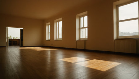 Interior of an empty room with wooden floor and large windows.の素材