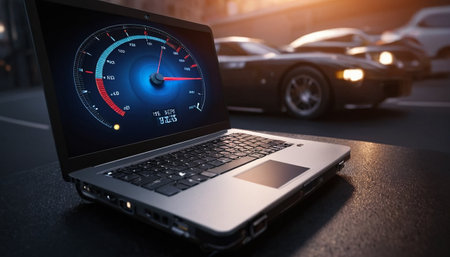 Laptop with speedometer and car on background. 3d rendering.の素材