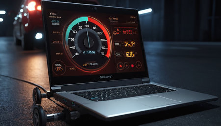 A conceptual shot of a laptop with a speedometer on the screenの素材