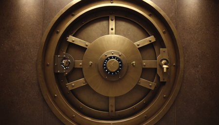 Close-up of a gold bank vault door with a combination lockの素材
