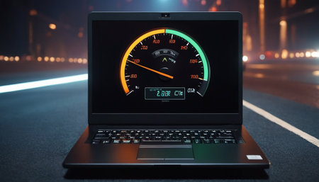 Laptop with speedometer on the road at night. 3d rendering.の素材
