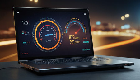 Speedometer and speedometer on a laptop with night city light backgroundの素材