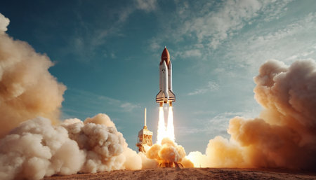 Rocket takes off into space. 3d illustration. Elements of this image furnished by NASAの素材