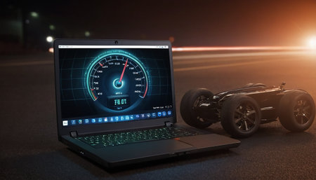 Laptop with speedometer on the road. 3d rendering.の素材