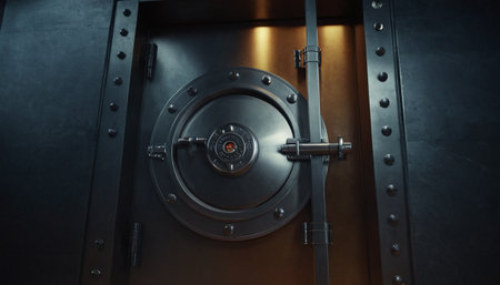 Close-up of a vault door with a combination lock in the backgroundの素材
