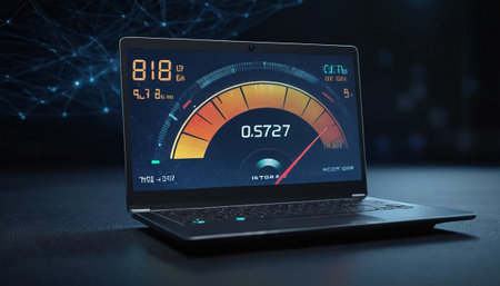 Laptop with speedometer on a dark background. 3d renderingの素材