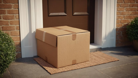 Close-up of a cardboard box on the doorstep of a houseの素材