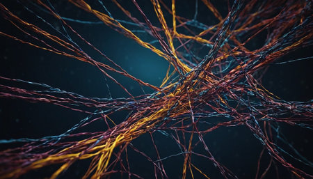 Abstract 3d rendering of chaotic multicolored wires on dark backgroundの素材