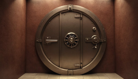 3d rendering of an old bank vault door in a dark roomの素材