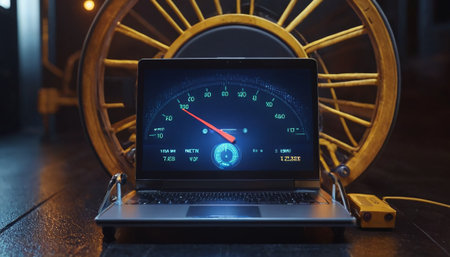 Laptop with speedometer and steering wheel on a wooden table.の素材