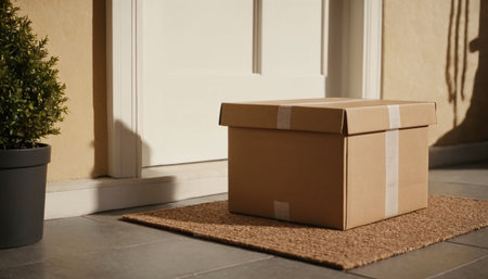 Cardboard box on floor at home, closeup. Delivery serviceの素材