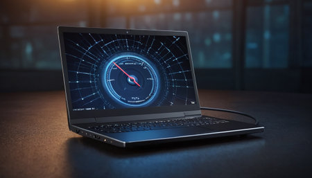 Laptop with speedometer on screen in dark room 3D renderingの素材