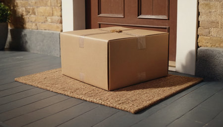 Cardboard box on the doorstep of the house. Shallow depth of field.の素材