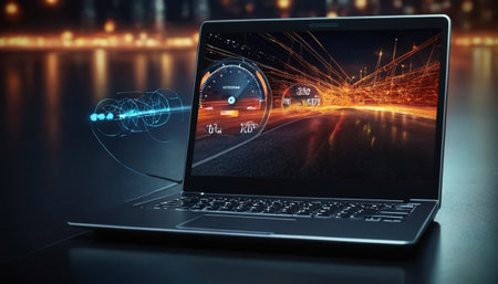 Laptop with speedometer and city view on background 3D renderingの素材