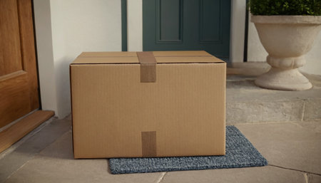 Cardboard box on carpet in front of house door. Real estate conceptの素材