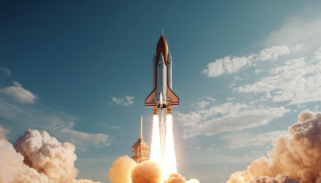 Rocket taking off into the sky. 3d illustration. Elements of this image furnished by NASAの素材