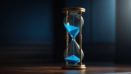 Hourglass with blue sand on wooden table. Time passing concept.の素材