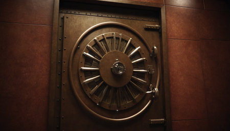 Closeup of a bank vault door with a combination lock in the backgroundの素材