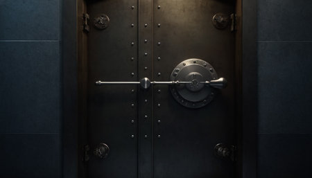 Door of a bank vault with a combination lock, close-upの素材