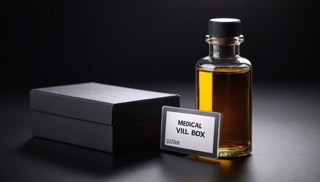 Bottle of perfume and black box on black background, closeupの素材
