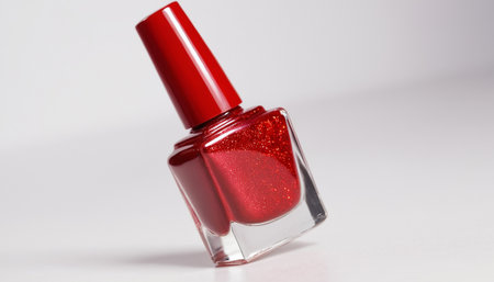 Red nail polish isolated on white background. Close up of nail polish bottle.の素材