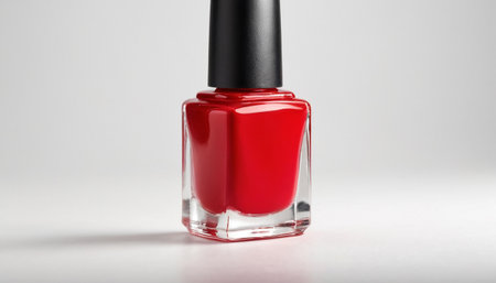 Red nail polish bottle isolated on white background, clipping path included.の素材