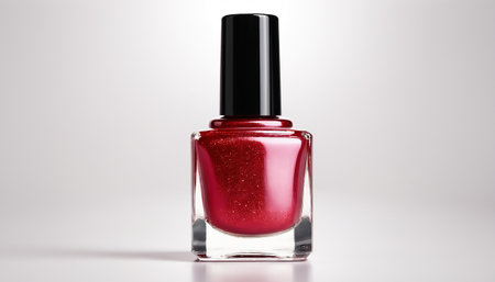 Red nail polish bottle isolated on white background, clipping path included.の素材