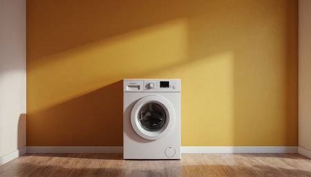 Washing machine in front of yellow wall. 3D rendering.の素材
