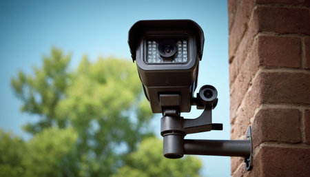 Security camera in a brick wall with trees in the background, security conceptの素材