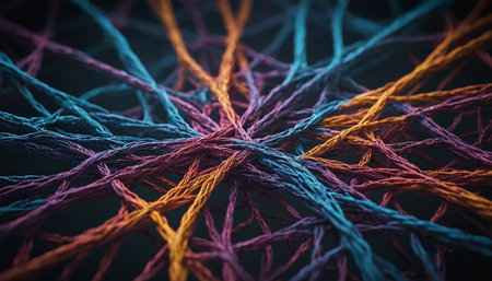 Abstract 3d rendering of chaotic multicolored threads on dark backgroundの素材