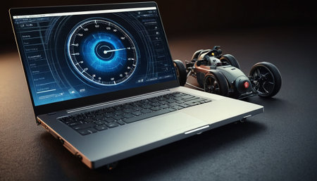 Laptop with a racing car on the screen. 3d renderingの素材