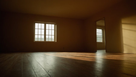Interior of empty room with wooden floor and window in dark roomの素材