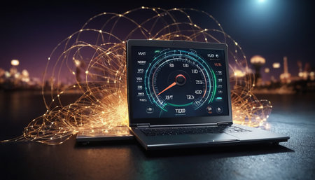 Laptop with speedometer in the city at night 3D renderingの素材