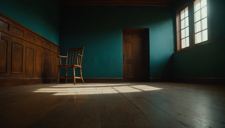 Interior of an old room with a wooden chair and a windowの素材