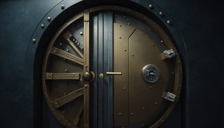 Close-up of the bank vault door with a combination lock.の素材