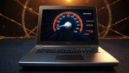 Laptop with speedometer showing high speed on dark background 3D renderingの素材
