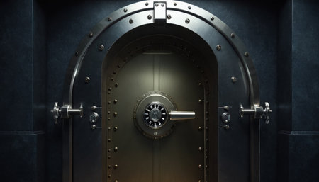 Close-up of a vault door with a combination lock. 3d renderingの素材