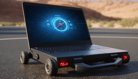 Laptop with speedometer on the road. 3d rendering.の素材