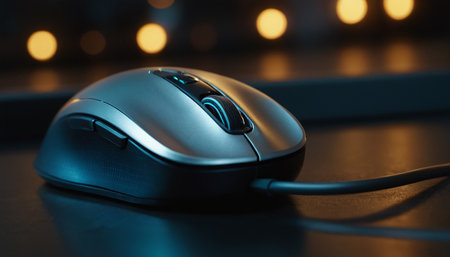 Computer mouse on a table with bokeh lights in the backgroundの素材