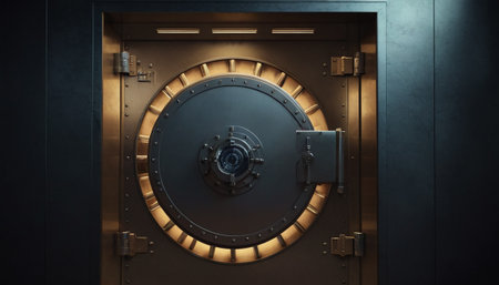 3d rendering of an empty bank vault door with a golden lockの素材
