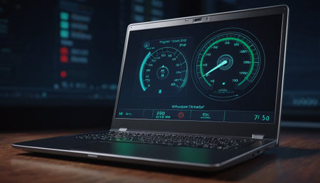 Close up of a laptop with a speedometer on the screen.の素材