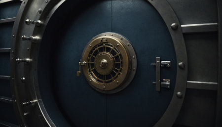Close-up of a steel bank vault door with a combination lockの素材